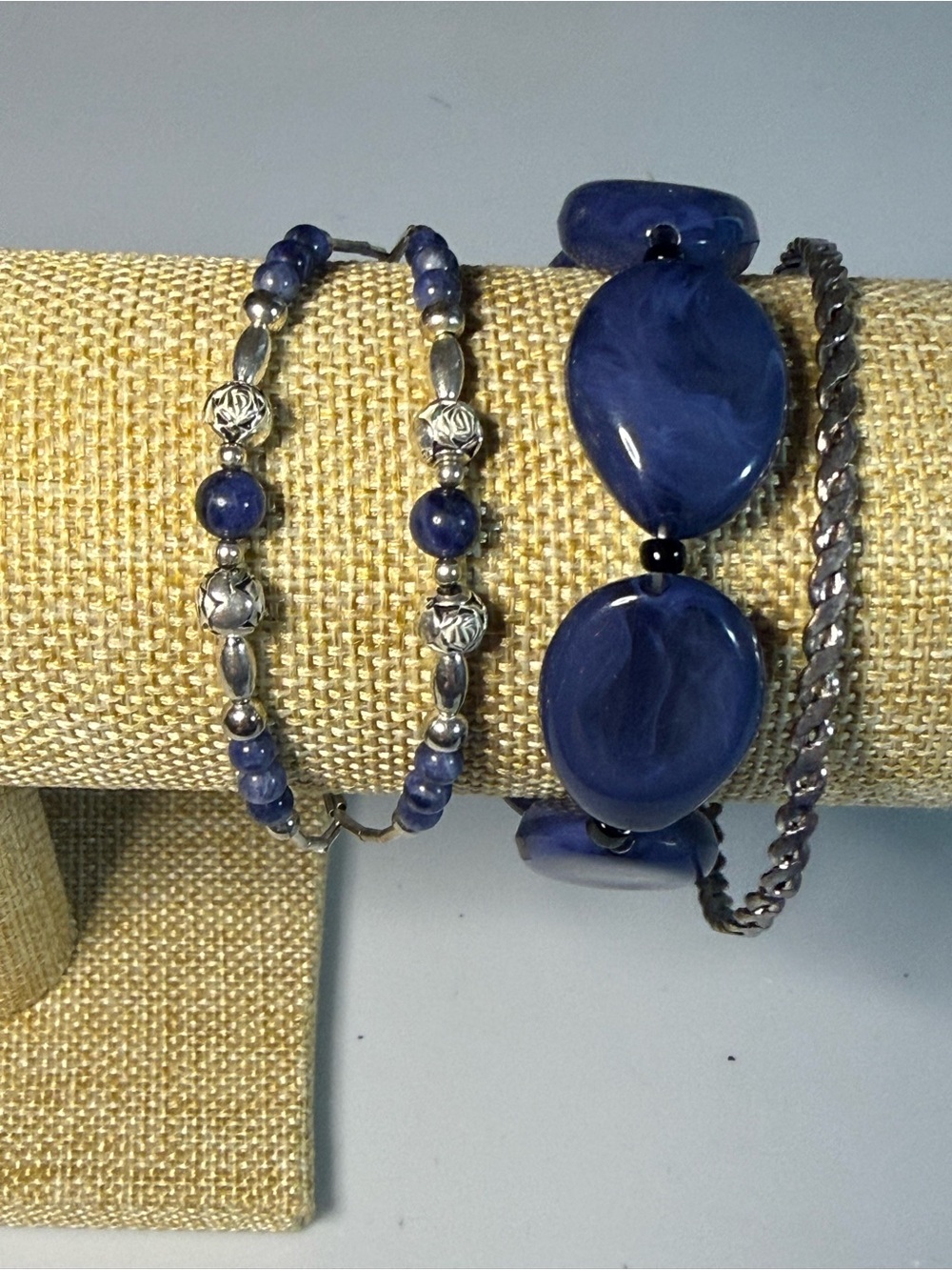 Curated Silver and Blue Stone Beaded Stretch Bracelet Stack - B3
